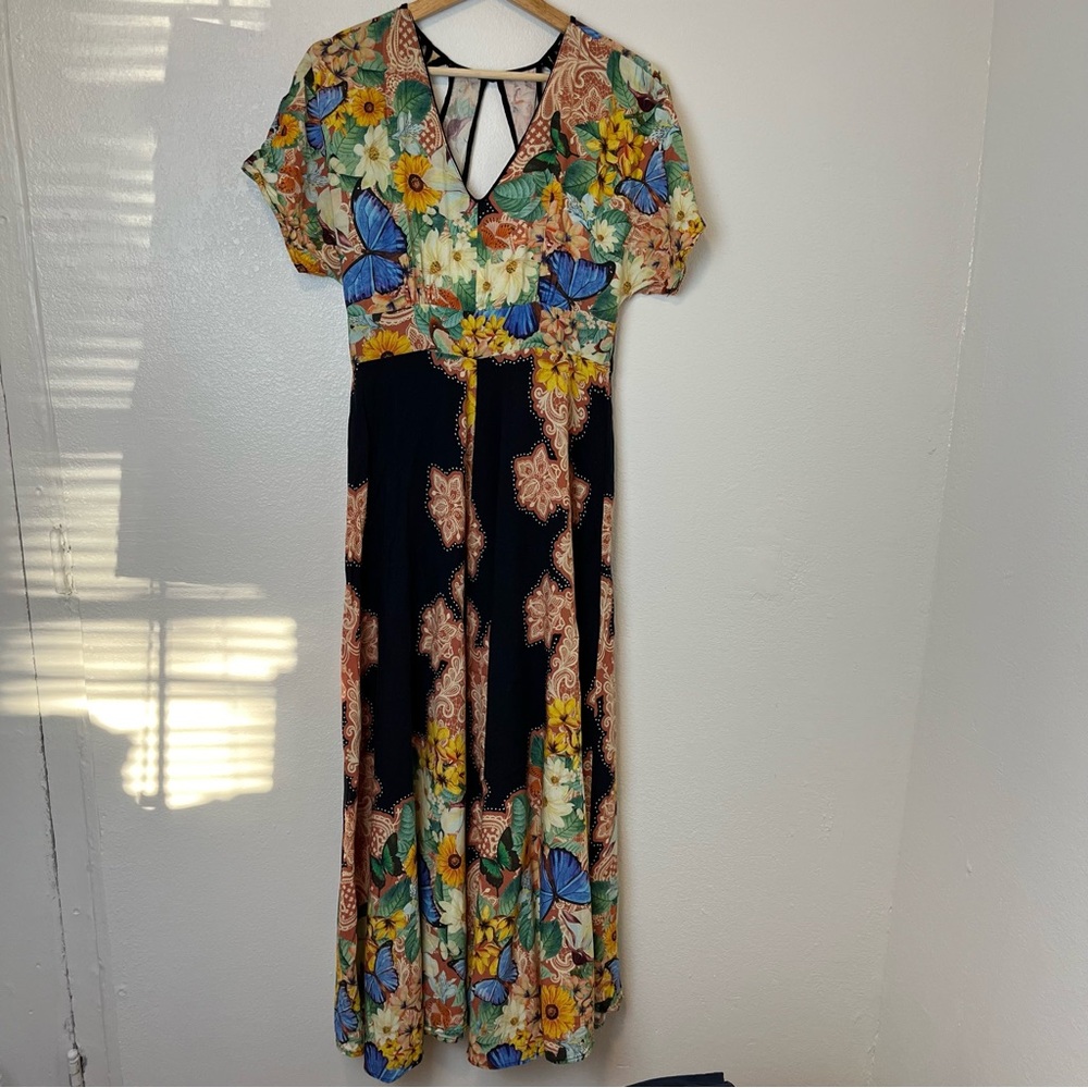 Farm Rio Dress Women’s Size S Black Maxi Cutout Butterfly Floral Anthropologie